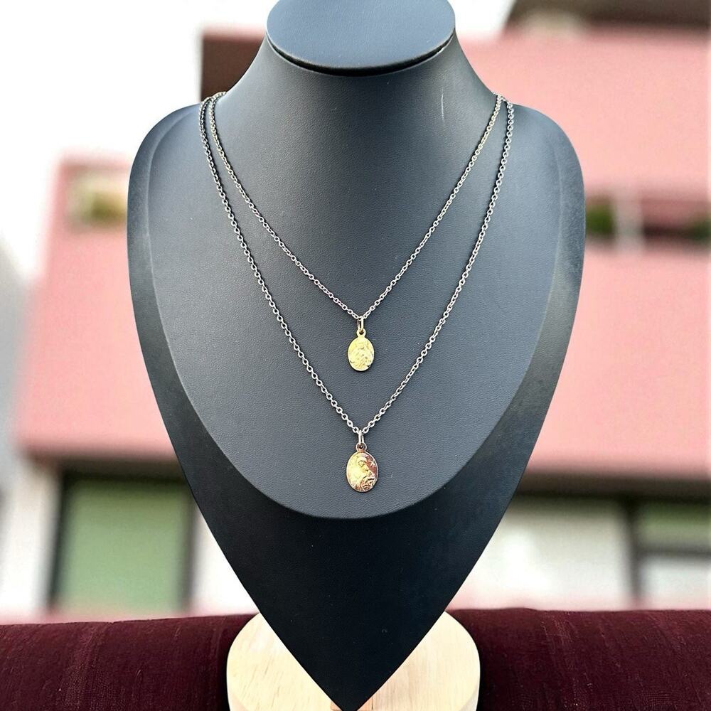 Layered Medal Necklace Vintage Sacred Heart & Madonna Chain Layer Silver Tone